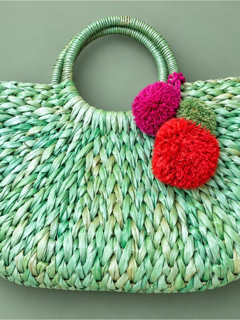 Woven Straw Tote Bag with Pom Pom Accents - Green